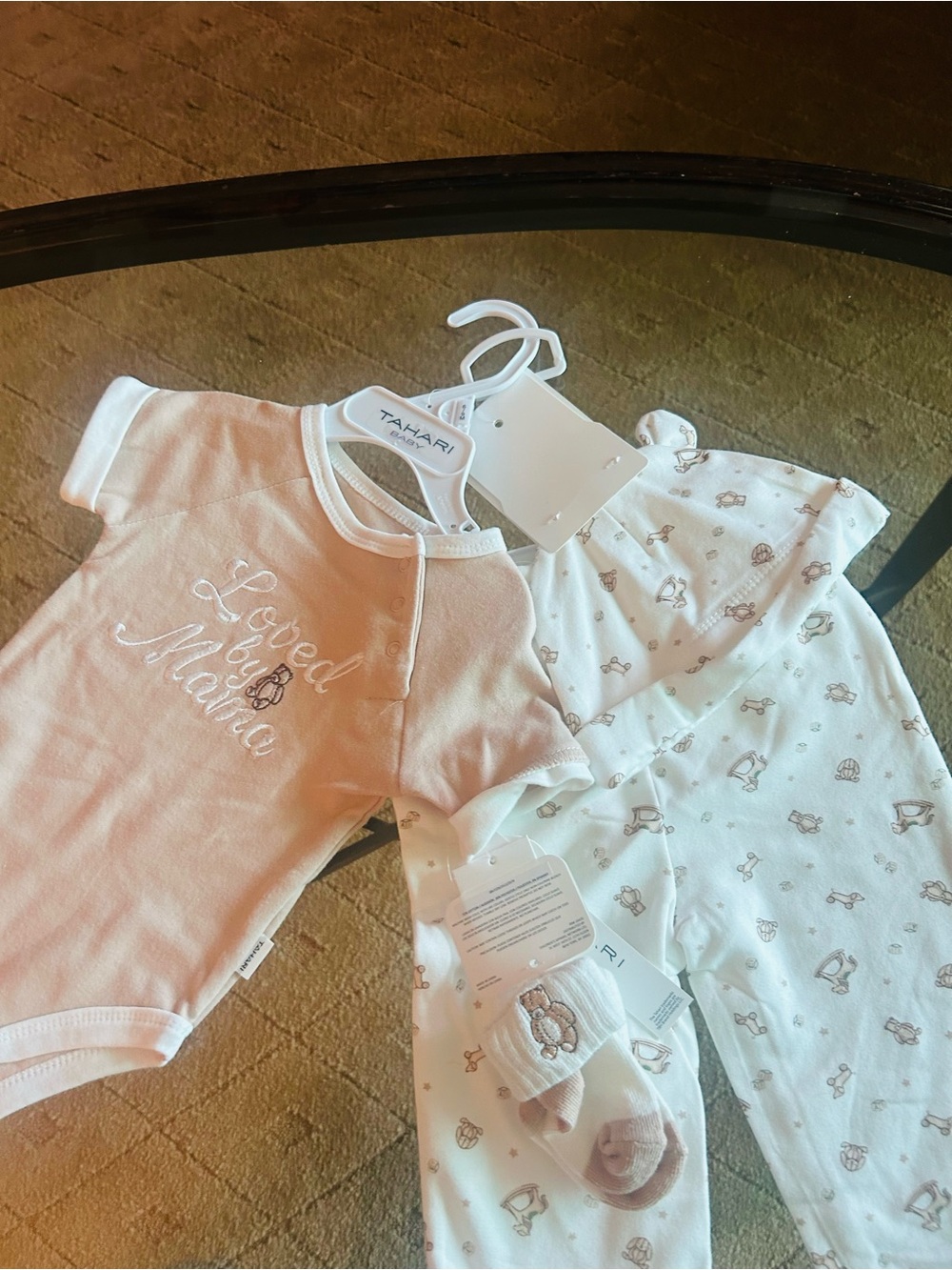 TAHARI beige Loved by Mama' Baby Pajama Set